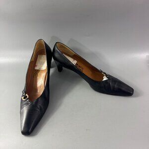 SALVATORE FERRAGAMO Black Leather Mid Heel Pumps Size 9.5 B